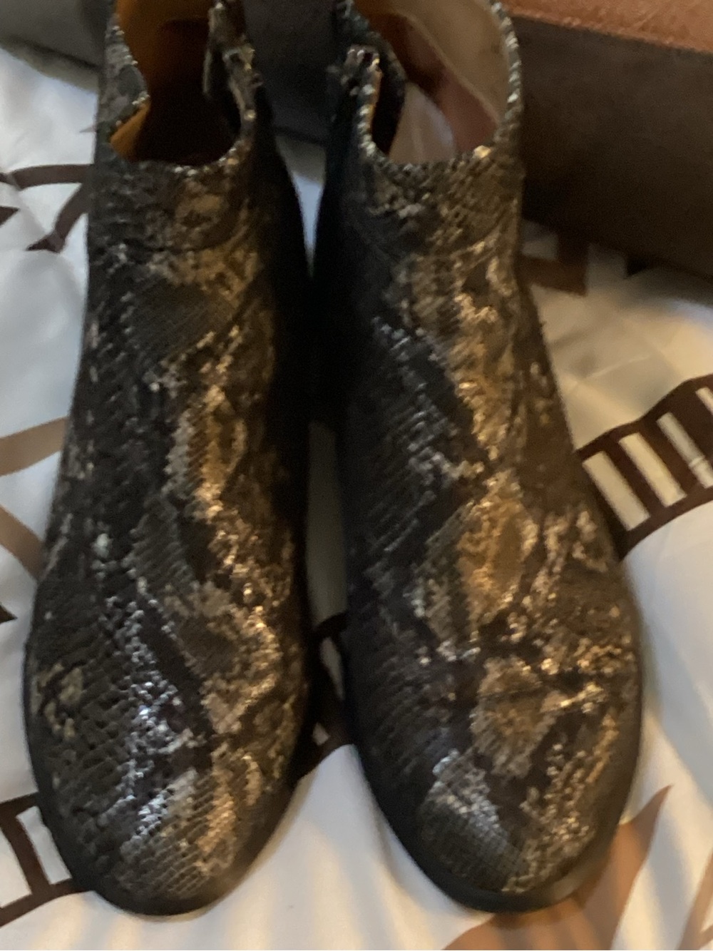 Snake-Print Metallic Ankle Booties in Brown